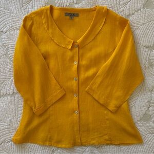 Flax Women's Yellow Collared Three Quarter Sleeve Linen Blouse Size S